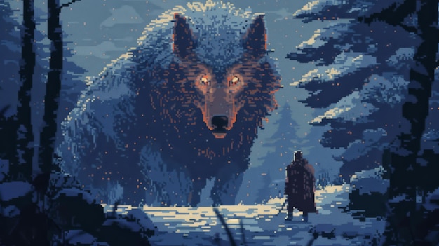 Foto rappresentazione pixel art del mitico dio lupo fenrir accanto a un guerriero vichingo in una foresta norrena durante