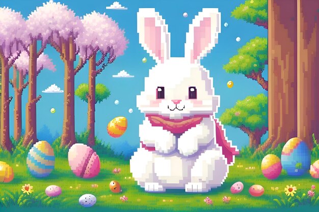 Pixel Art Easter Bunny With Pink Scarf With Colorful Easter Eggs