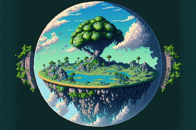 Pixel art fantasy mini planet background in retro style for 8 bit game Generative AI