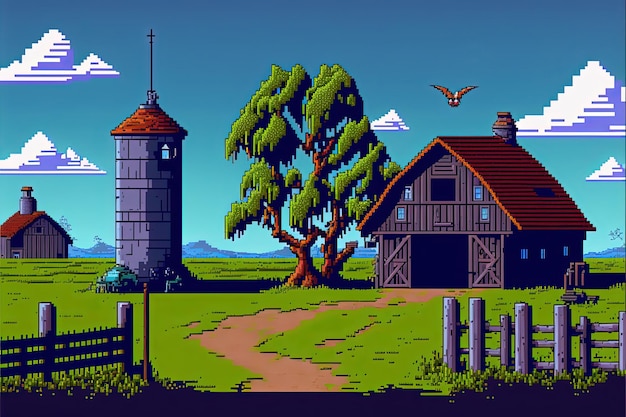 Pixel art of farm with barn silo fence and trees background in retro style for 8 bit game AI