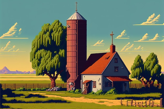 Pixel art of farm with barn silo fence and trees background in retro style for 8 bit game AI