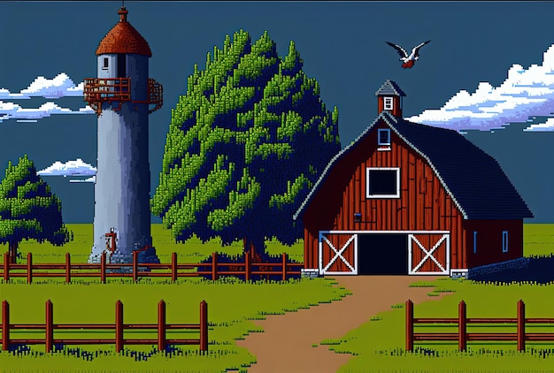 Pixel art of farm with barn silo fence and trees background in retro style for 8 bit game AI