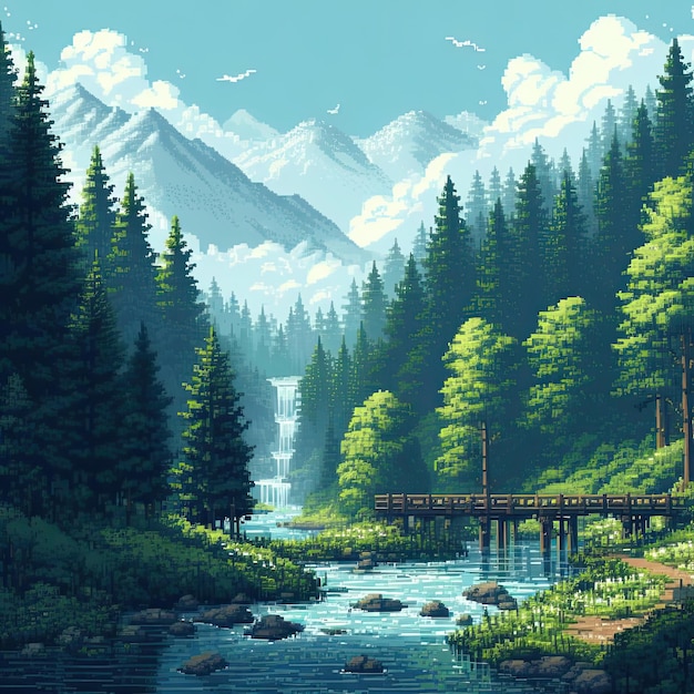 Пиксельное изображение леса с рекой и мостом