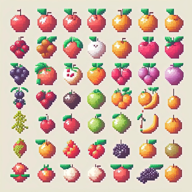 Photo pixel art fruit set fruit collection retro style item for 8 bit game generative ai