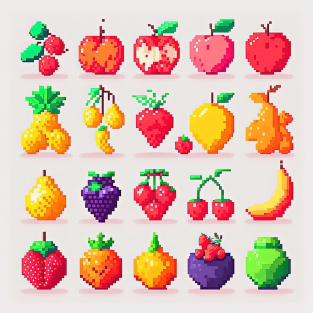 Pixel art fruit set fruit collection retro style item for 8 bit game Generative AI