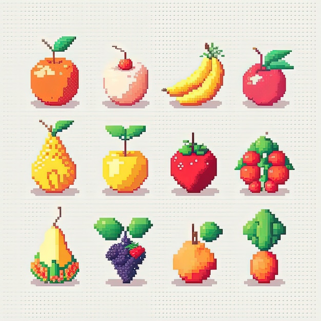 Pixel art fruit set fruit collection retro style item for 8 bit game Generative AI