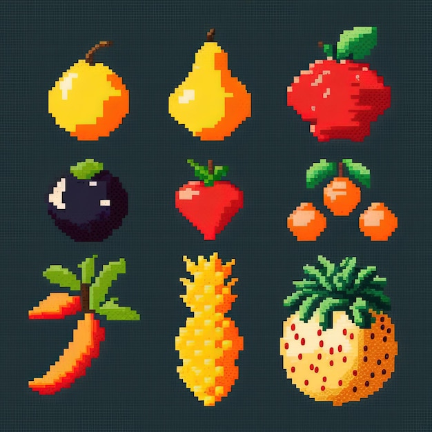 Pixel art fruit set fruit collection retro style item for 8 bit game Generative AI