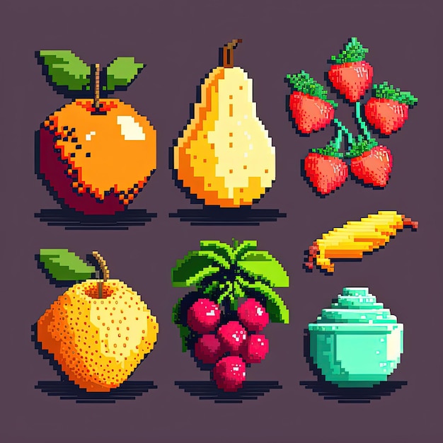 Набор фруктов в стиле пиксель-арт, коллекция фруктов в стиле ретро, предмет для 8-битной игры Generative AI