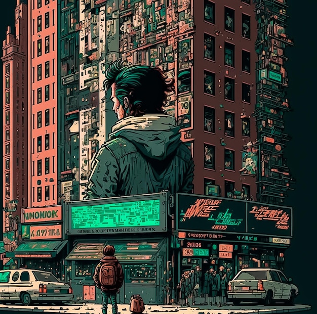 Pixel art game-achtergrond met weglandschap en stads-AI gegenereerd