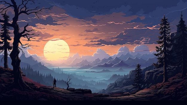 pixel art game background with big moon at night