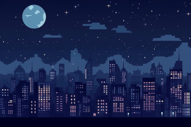 Photo pixel art game background with city silhouette stars and moon vector eps 10