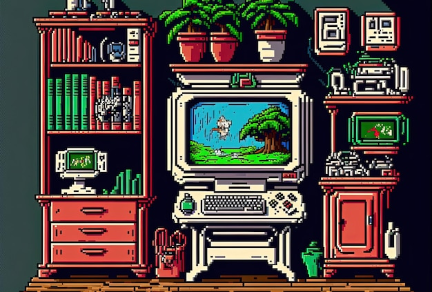 Pixel art game room bedroom with video game consoles background in retro style for 8 bit game AI