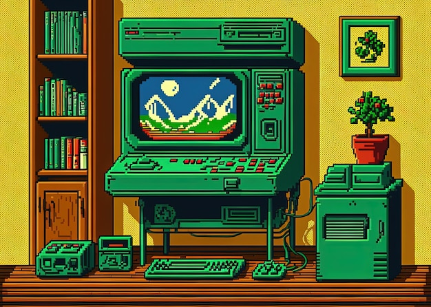 Pixel art game room bedroom with video game consoles background in retro style for 8 bit game AI