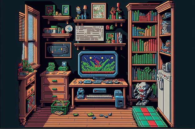 Pixel art game room bedroom with video game consoles background in retro style for 8 bit game AI