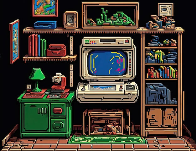 Pixel art game room slaapkamer met video game consoles achtergrond in retro stijl voor 8 bit game AI