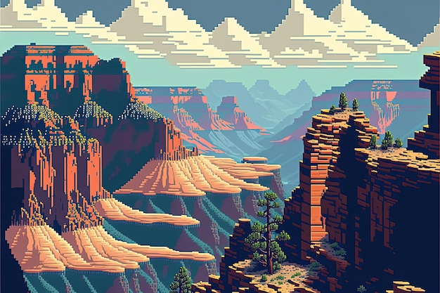 Pixel art Grand Canyon canyons van de Verenigde Staten achtergrond in retro stijl voor 8 bit game AI