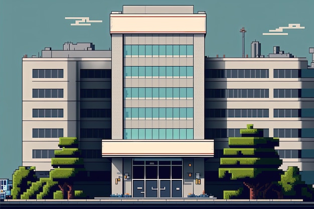 Pixel art hospital hospital front facade background in retro style for 8 bit game Generative AI