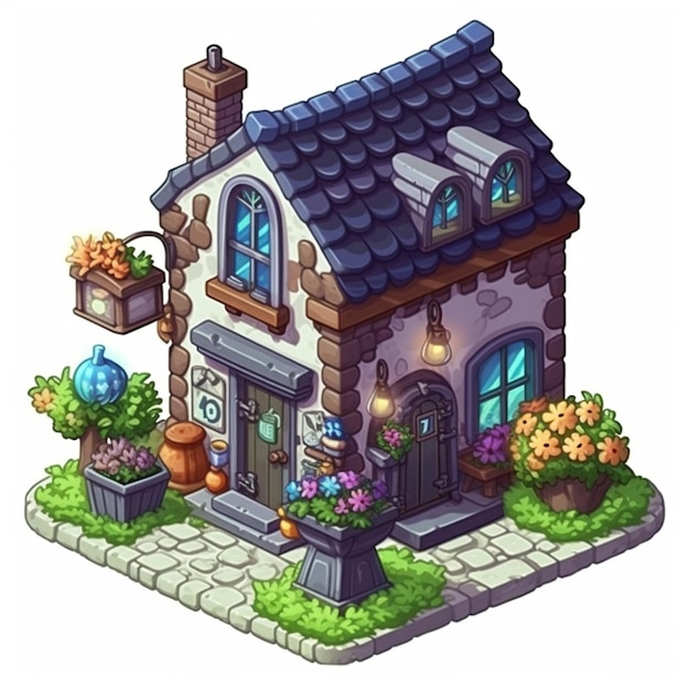 A pixel art house with a flower pot and a sign that says'house '