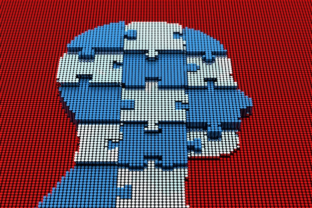Photo pixel art human head with puzzle. 3d rendering