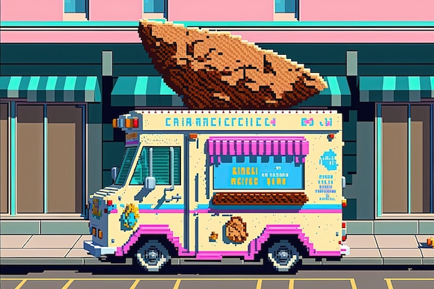 Photo pixel art ice cream car background in retro style for 8 bit game generative ai