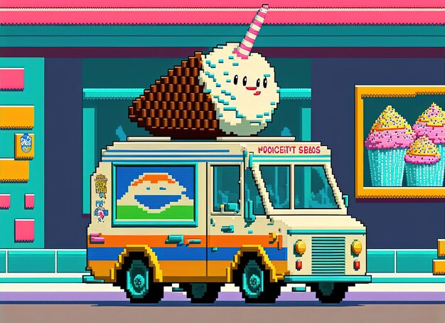 Pixel art ice cream car background in retro style for 8 bit game Generative AI