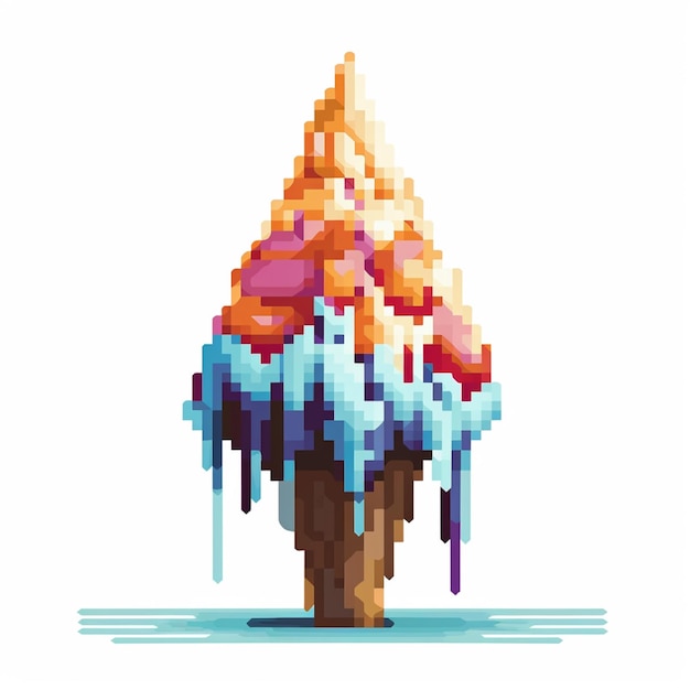 Pixel art of a ice cream cone with icing on it.