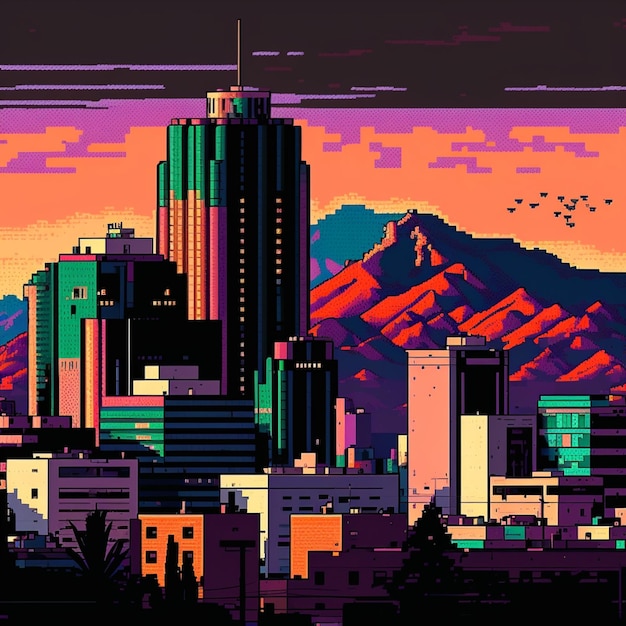 A pixel art illustration of denver skyline with a mountain in the background.