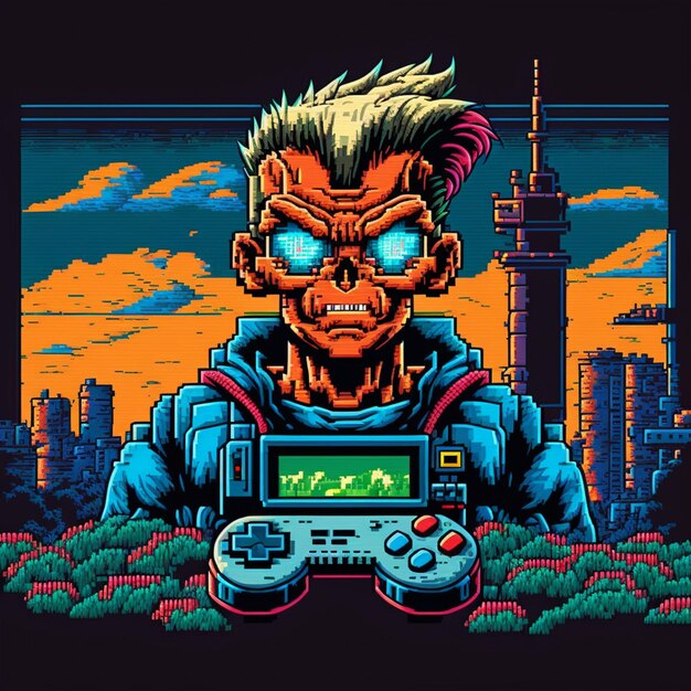 Photo a pixel art illustration of a gamer holding a controller in front of a cityscape.