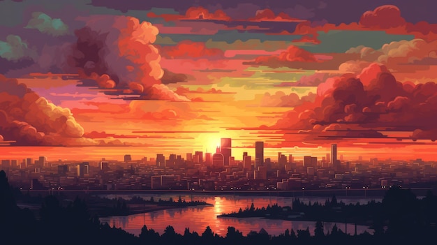 Pixel Art Illustration Of Oklahoma City Sunset In 1770s