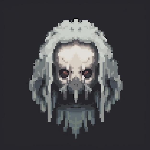 A pixel art image of a skull with a skull and eyes.