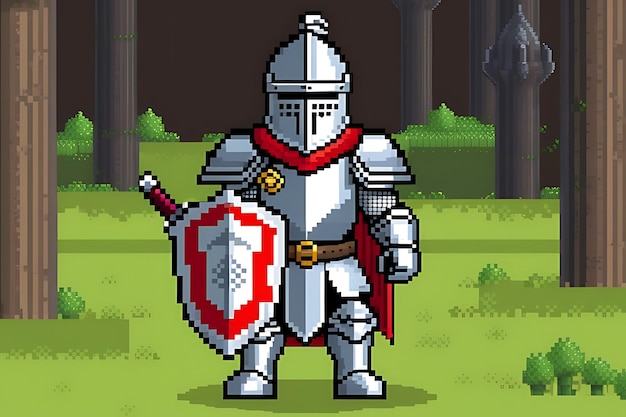 A Pixel Art Knight with Helmet Sword and Shield