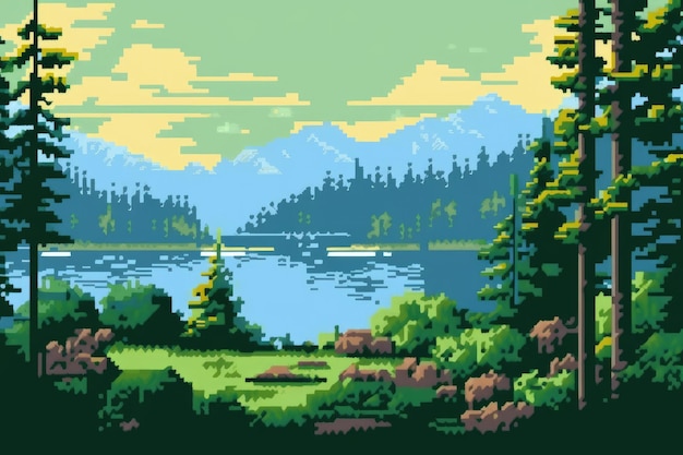 Pixel art of a lake with mountains in the background