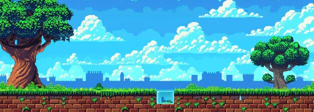 Photo pixel art landscape with city and trees