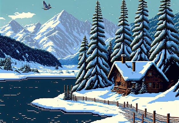 Pixel art landschap van Zwitserland in de winter met huis pijnbomen bergen achtergrond 8 bit AI
