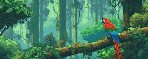 Pixel art macaw in the tropical forest background Generative AI