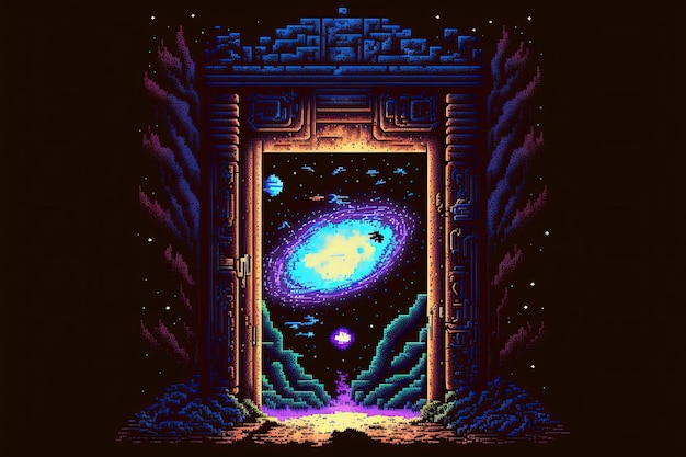 Photo pixel art magic portal to parallel universe portal to fantasy dimension background 8 bit ai