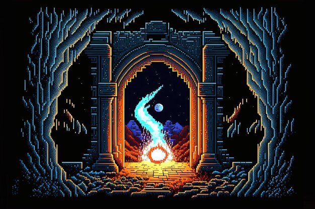 Pixel art magic portal to parallel universe portal to fantasy dimension background for 8 bit game AI