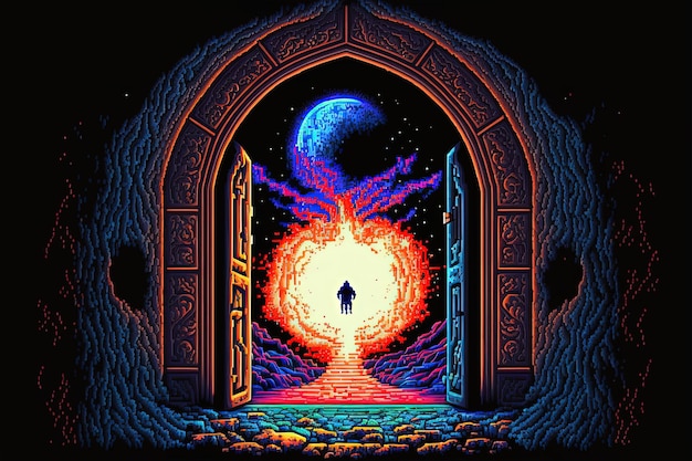 Pixel art magic portal to parallel universe portal to fantasy dimension background for 8 bit game AI