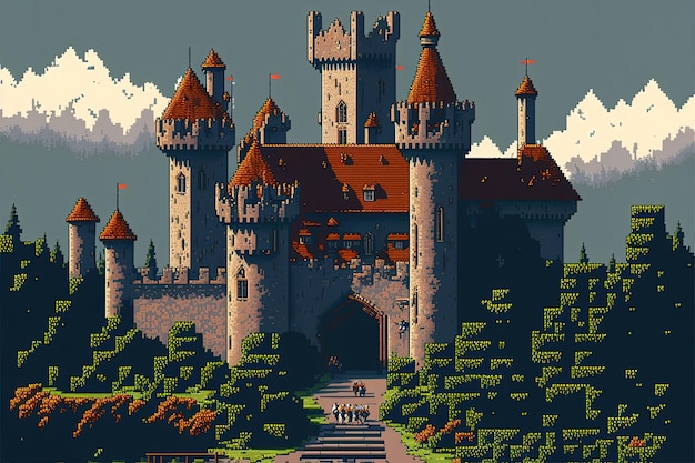 Pixel art middeleeuws kasteel met bomen en bergen achtergrond in retro stijl voor 8 bit game AI