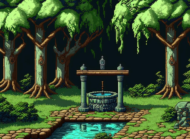 Pixel art mushroom house in fantasy world enchanted forest giant mushrooms background for 8 bit AI