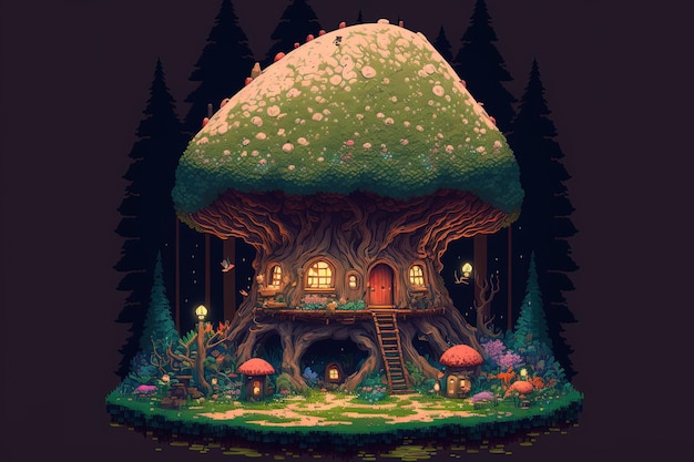 Pixel art mushroom house in fantasy world enchanted forest giant mushrooms background for 8 bit ai