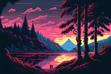 Premium AI Image | Pixel art natural landscape with 80s colors with ...