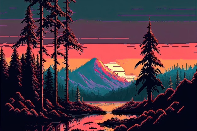 Foto pixel art paesaggio naturale con colori degli anni '80 con alberi lago e montagne sfondo 8 bit gioco ai