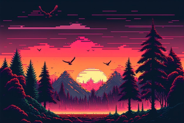 Photo pixel art natural landscape with 80s colors with trees lake and mountains background 8 bit game ai