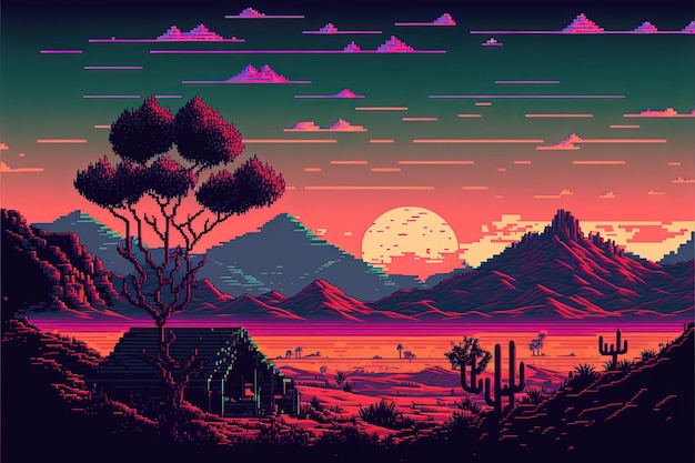 Pixel art natural landscape with 80s colors with trees lake and mountains background 8 bit game AI