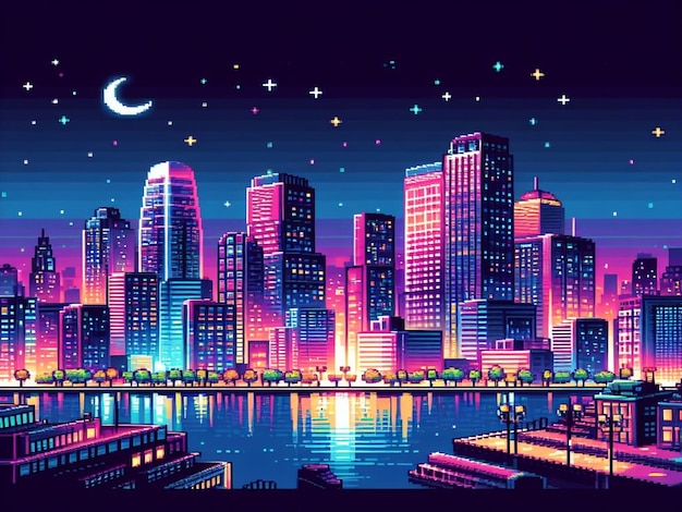 Пиксельный неоновый ночной город с панорамным фоном зданий