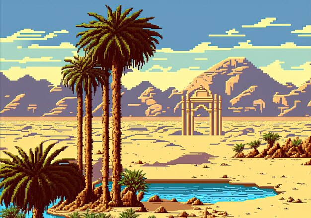 Pixel art oasis in the desert landscape background in retro style for 8 bit game AI