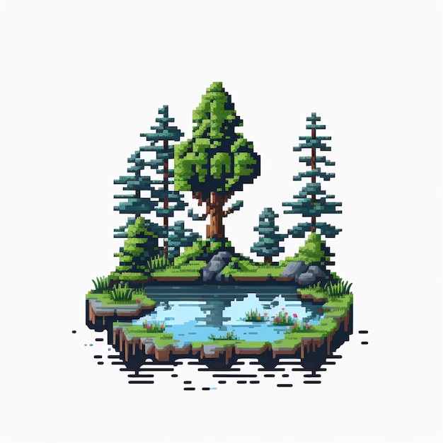 사진 나무와 바위가 있는 작은 연못의 픽셀 아트 생성 ai