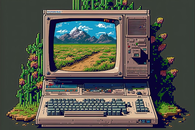 Pixel art old computer with landscape wallpaper background in retro style for 8 bit game AI