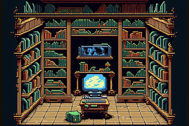 Foto pixel art vecchia biblioteca libro biblioteca sfondo in stile retro per bit game generative ai